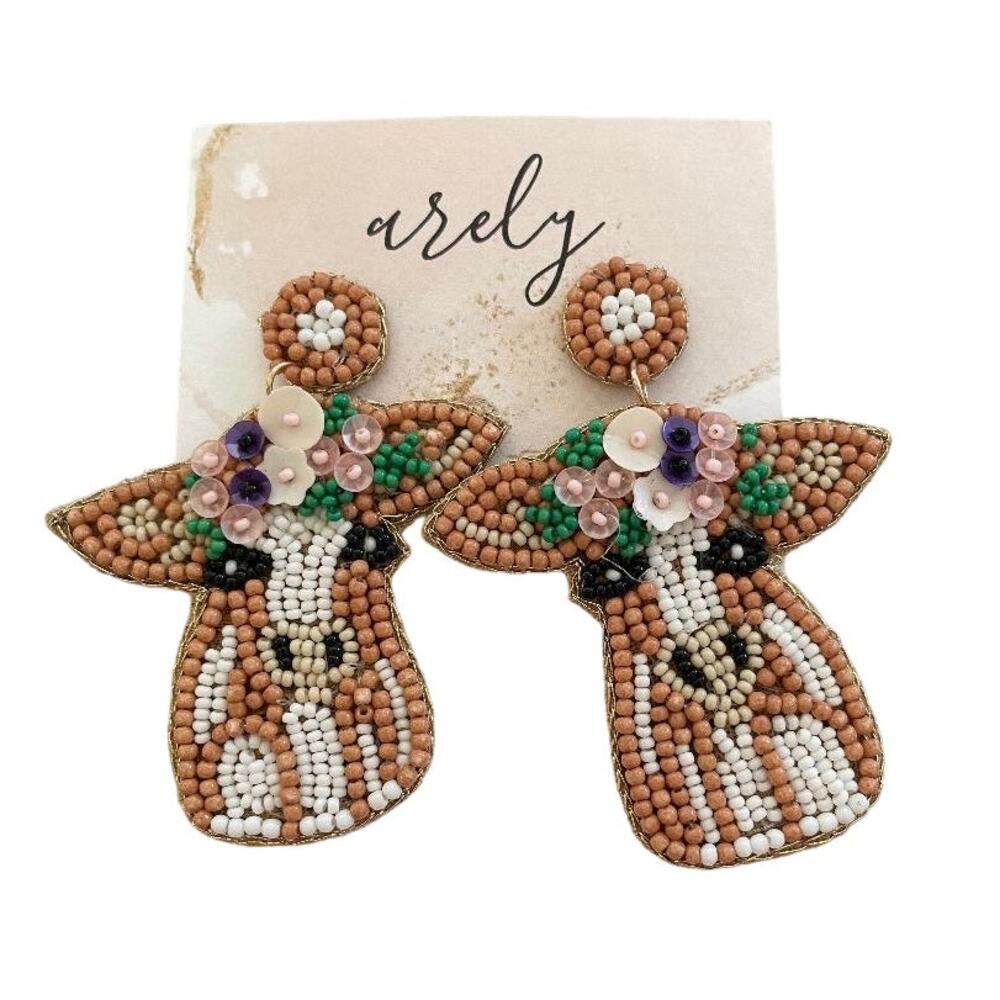 Arely Designs Beaded Cow Floral Crown Drop Earrings Brown White Handmade